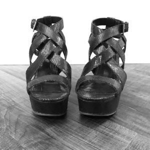 Strappy Black Wedge Heels with Buckle